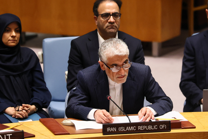 Ambassador Amir Saeid Iravani, Permanent Representative of Iran to the UN, speaks during a United Nations Security Council meeting on threats to international peace and security at the United Nations headquarters on June 22, 2025 in New York City.