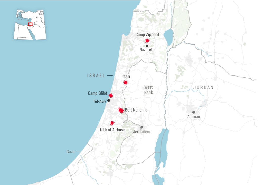 Vị trí các cơ sở quân sự Israel trúng tên lửa Iran trong xung đột 12 ngày. Đồ họa: Telegraph