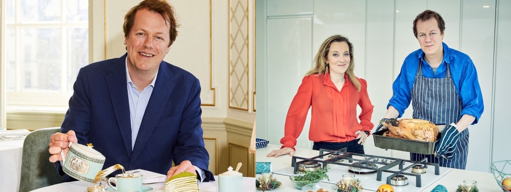 Tom Parker Bowles trong một buổi trà chiều năm 2021 và tham gia show truyền hình về ẩm thực. Ảnh: News Licensing