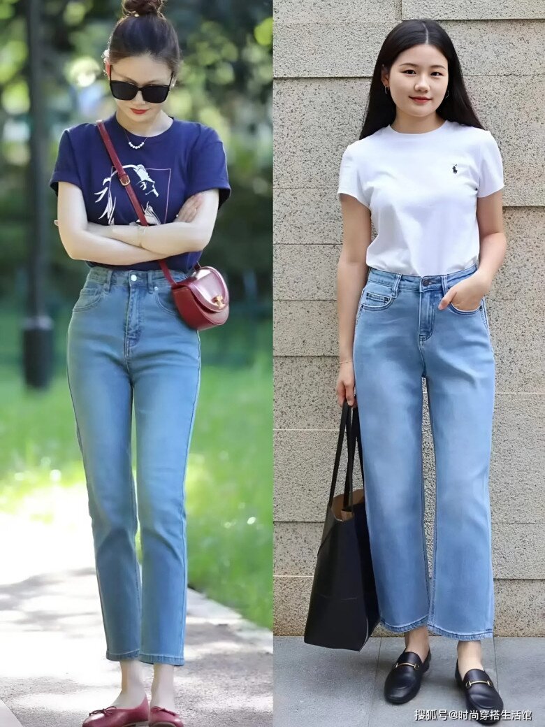 Dù là jeans xanh cổ điển hay jeans trắng thanh lịch, chỉ cần phối đúng độ dài, bạn sẽ thấy áo phông tưởng đơn giản mà vẫn đẹp chẳng kém gì outfit cầu kỳ.