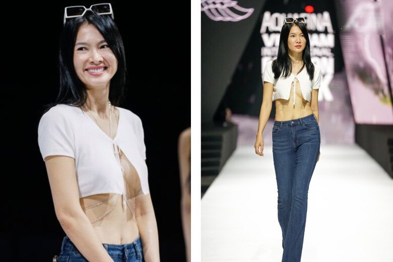 Anh Thư từng gây chú ý khi diện chiếc áo ngắn chỉ đến chân ngực, toàn bộ vòng eo săn chắc của cô được khoe trọn vẹn và làm nổi bật thêm nhờ phần dây lấp lánh ôm lấy vòng 2.diện quần jeans cạp cao, tôn lên chiều cao ấn tượng 1m72 và đôi chân siêu mẫu của mình.