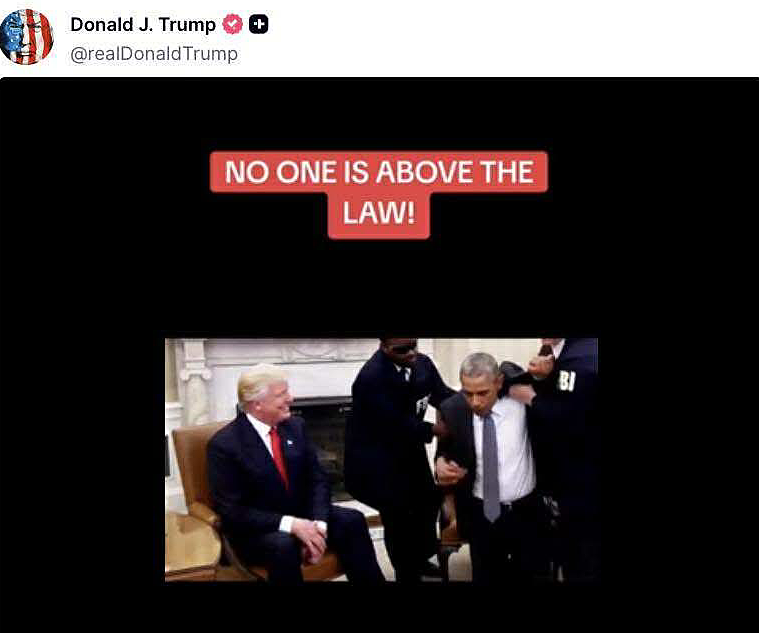 Video làm giả cảnh bắt giữ cựu tổng thống Obama được đăng trên tài khoản Truth Social của Tổng thống Donald Trump ngày 21/7. Ảnh chụp màn hình