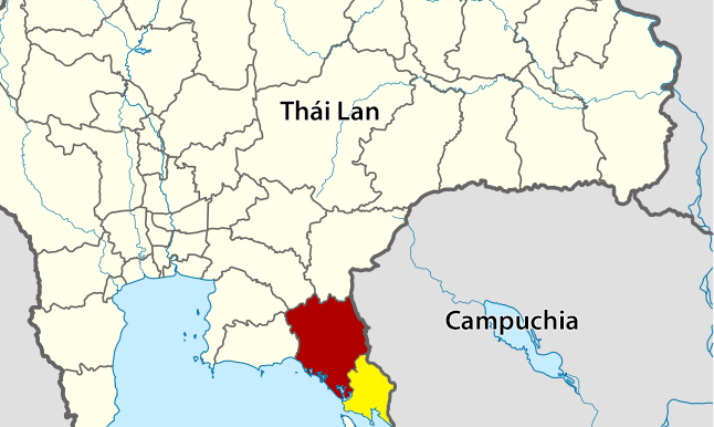 Vị trí tỉnh Chanthaburi (đỏ) và Trat (vàng). Đồ họa: Wikimedia