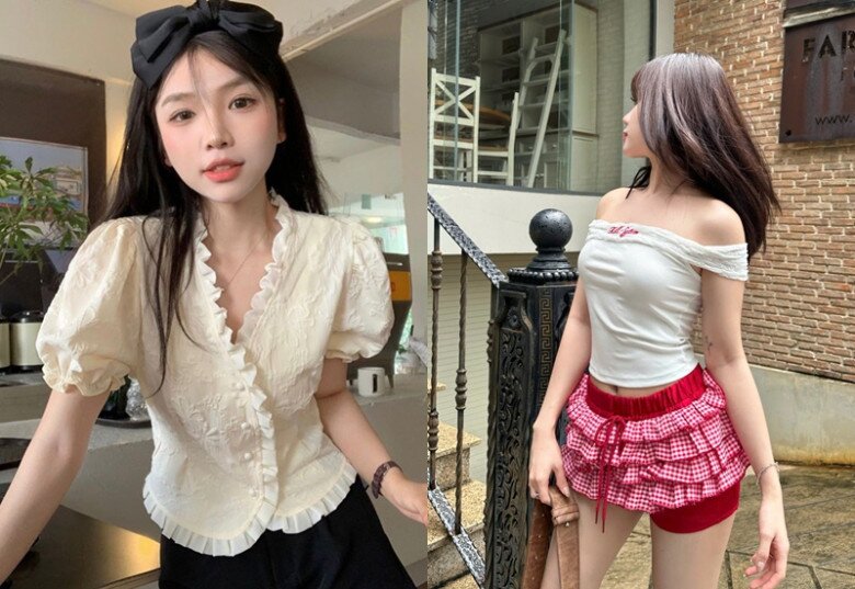 Cổ chữ V hay trễ vai giúp thu hút ánh nhìn vào phần vai mảnh khảnh thay vì phần bụng mỡ.