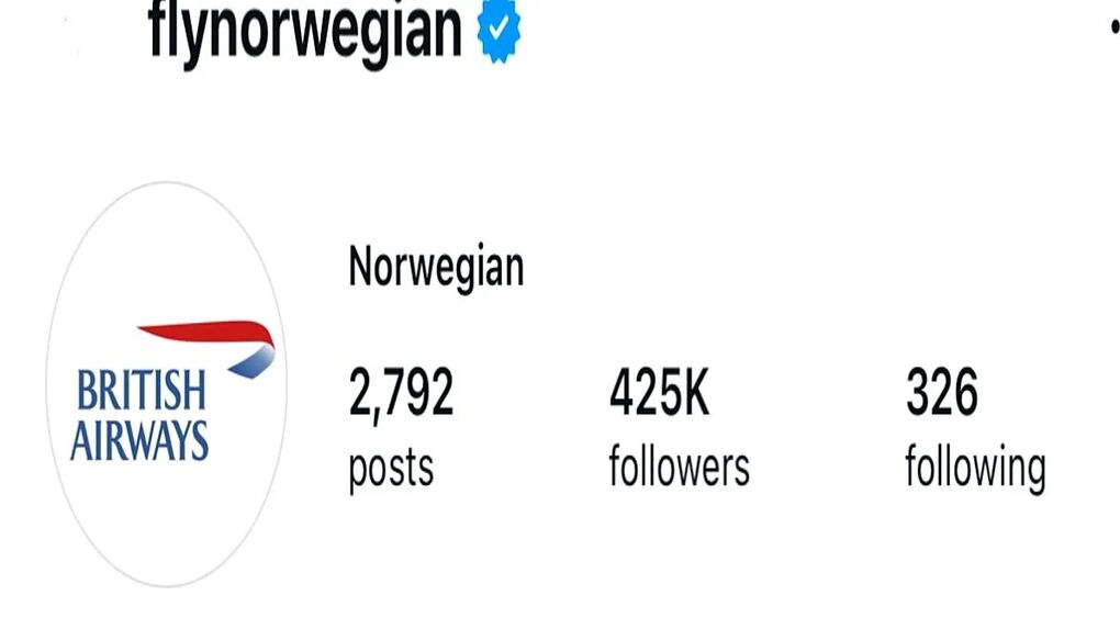 Hãng hàng không Norwegian đổi ảnh đại diện (avatar) trang mạng xã hội của mình bằng logo của hãng Brirish Airways sau khi thua cược. Ảnh chụp màn hình
