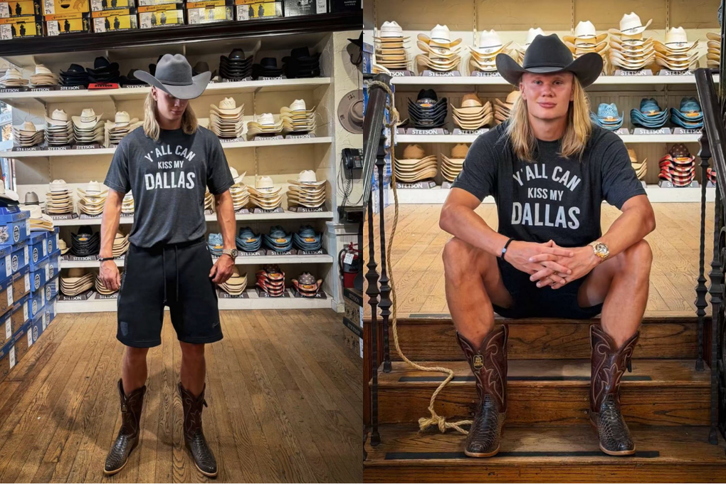 Haaland diện mũ, bốt cao bồi và áo phông in dòng chữ Y’all can kiss my Dallas khi ghé cửa hàng quần áo tại Dallas, bang Texas. Ảnh: Instagram/@erling.haaland