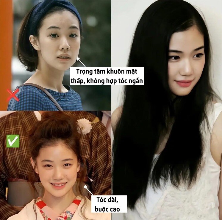 Nếu các đường nét tập trung ở phần dưới khuôn mặt, tóc dài hoặc tóc buộc cao thường là lựa chọn hài hòa hơn.