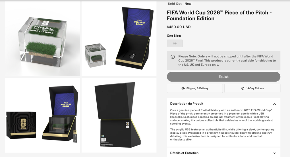 Sản phẩm mảnh cỏ sân MetLife - nơi tổ chức trận chung kết World Cup 2026 đã hết hàng trên cửa hàng trực tuyến của FIFA. Ảnh chụp màn hình