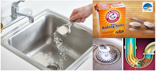 Sử dụng hỗn hợp Baking soda, giấm trắng, muối để thông tắc bồn rửa bát.
