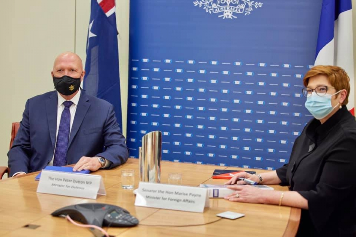 Bộ trưởng Ngoại giao Australia Marise Payne (bên phải) và Bộ trưởng Quốc phòng Peter Dutton tại cuộc Tham vấn 2+2 với người đồng cấp Pháp. Nguồn FB Marise Payne