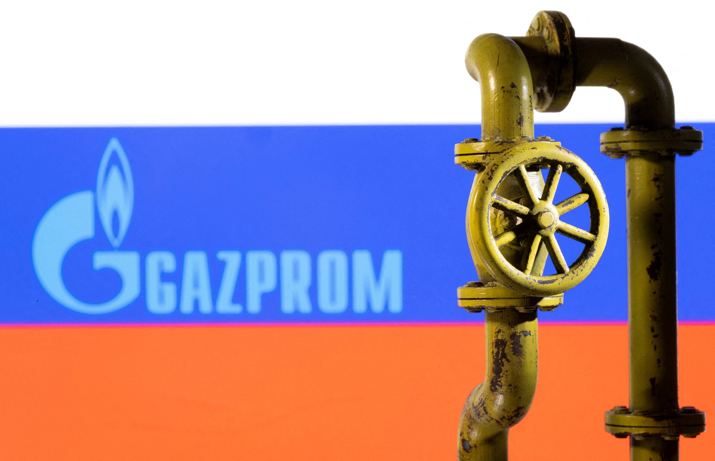 A 3D printed natural gas pipeline is placed in front of displayed Gazprom logo and Russian flag in this illustration taken February 8, 2022. REUTERS/Dado Ruvic/Illustration//File Photo