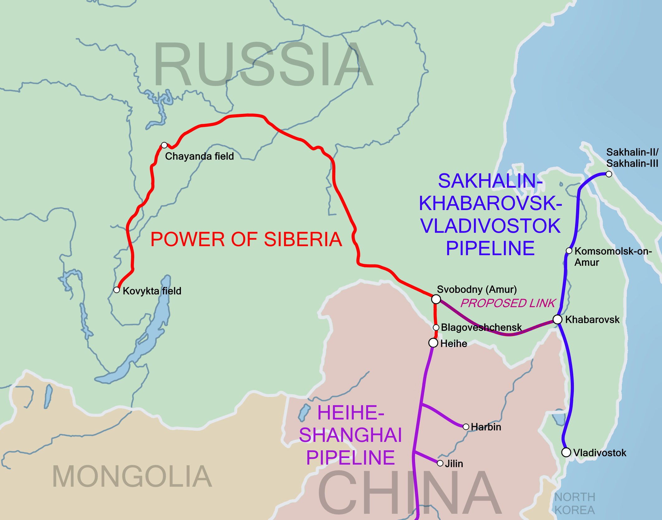 Vị trí đường ống Power of Siberia. Đồ họa: Wikimedia Commons.