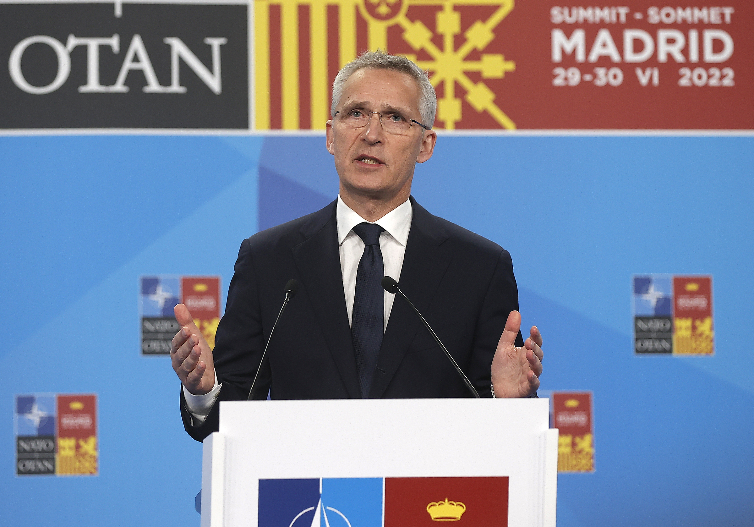 Tổng thư ký NATO Jens Stoltenberg phát biểu tại Madrid, Tây Ban Nha, hôm 30/6. Ảnh: AFP.