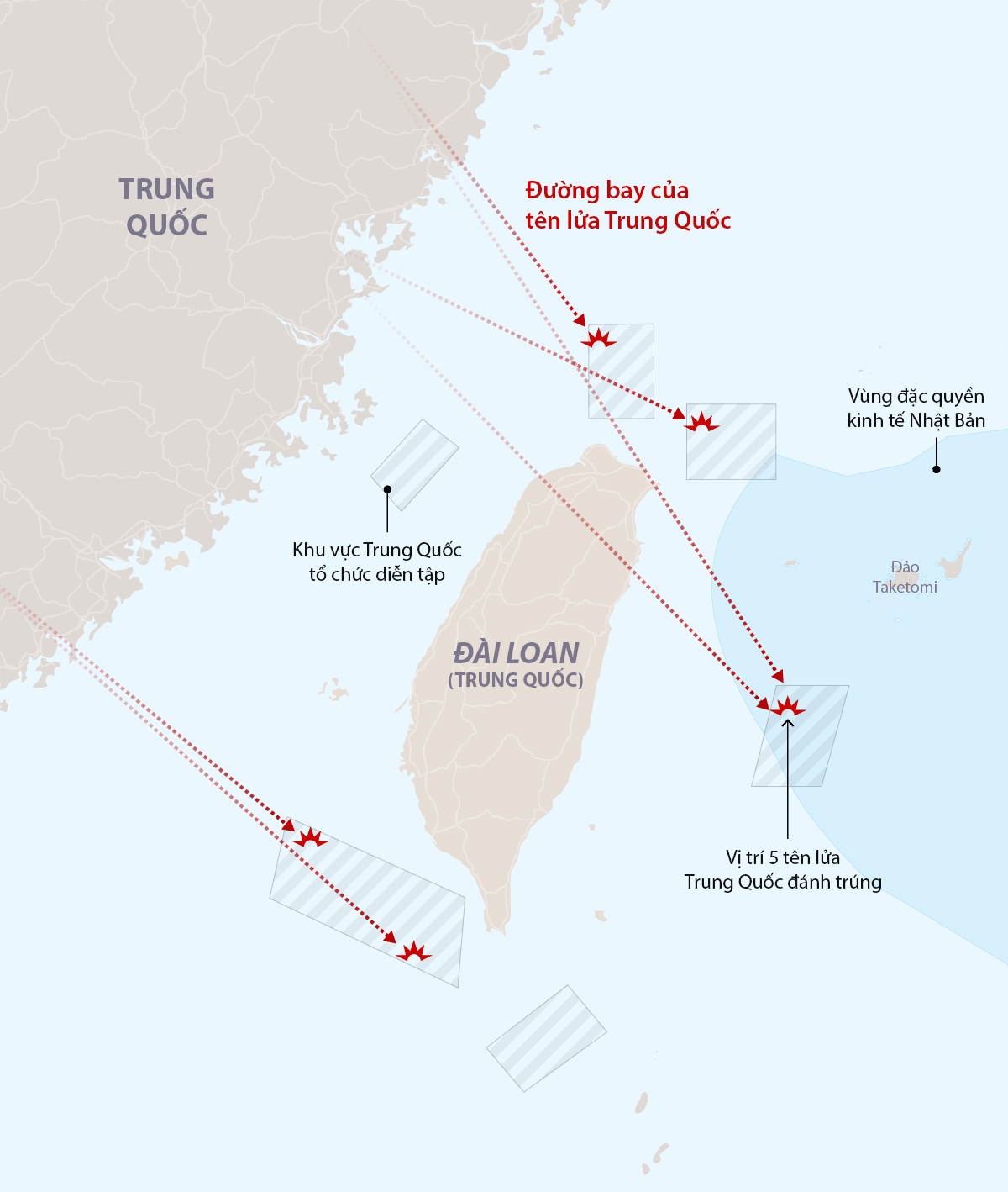 Đường bay của tên lửa Trung Quốc trong cuộc diễn tập ngày 4/8. Đồ họa: NY TImes.