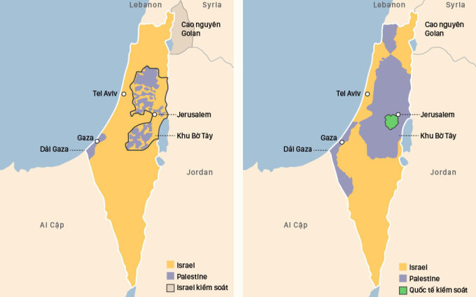 Lãnh thổ Israel - Palestine hiện nay (trái) và do Liên Hợp Quốc đề xuất. Đồ họa: Việt Chung.