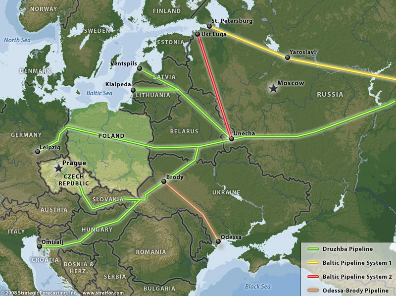 Vị trí đường ống dẫn dầu Druzhba (màu xanh lá cây). Đồ họa: Aspenia Online.