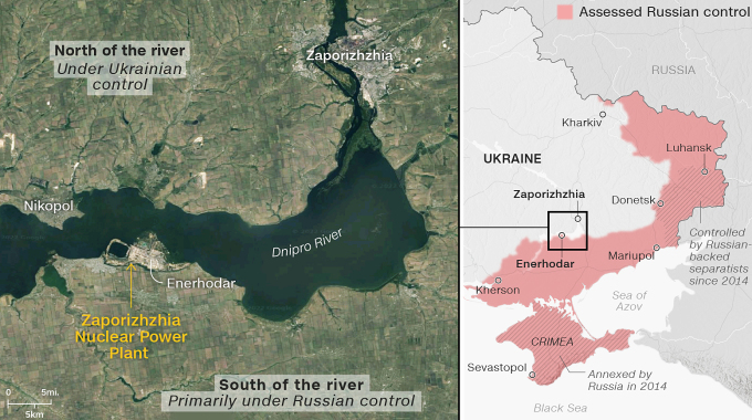 Vị trí thành phố Enerhodar, Nikopol và nhà máy hạt nhân Zaporizhzhia. Đồ họa: CNN.