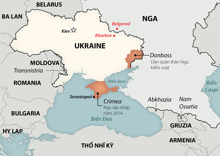Vị trí thành phố Kharkov, Ukraine và Belgorod, Nga (hai chấm đỏ). Đồ họa: Washington Post.