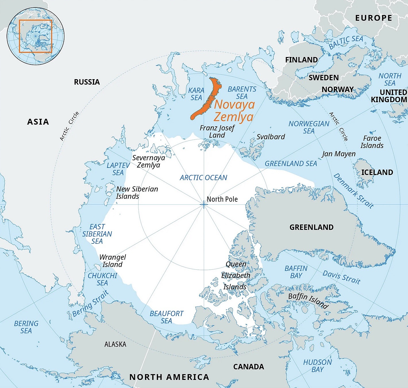 Vị trí quần đảo Novaya Zemlya và các vùng biển quanh Bắc Cực. Đồ họa: Britanica