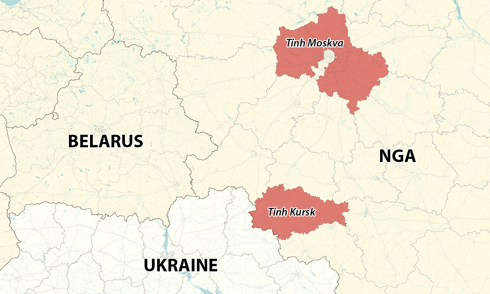 Vị trí tỉnh Moskva và Kursk của Nga. Đồ họa: RYV