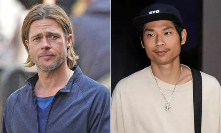 Brad Pitt và Pax Thiên. Ảnh: Reuters/ GC Images