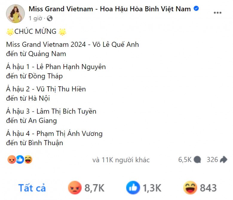 Bài viết công bố kết quả Top 5 Miss Grand Vietnam 2024 của BTC cuộc thi cũng nhận về bão phẫn nộ.