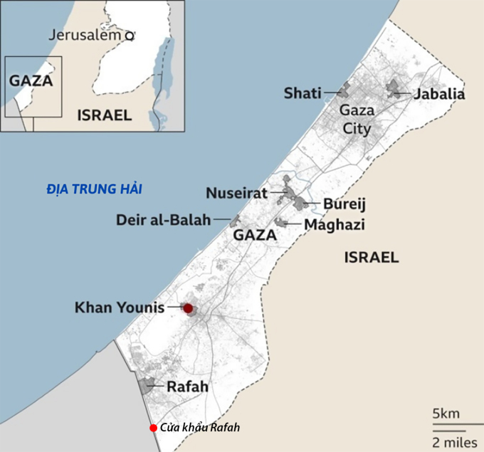 Vị trí các đô thị ở Dải Gaza. Đồ họa: BBC