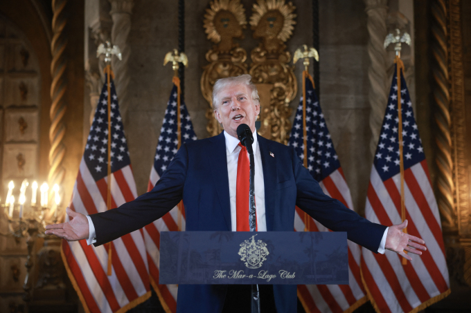 Republican presidential candidate former President Donald Trump speaks during a press conference at his Mar-a-Lago estate on August 08, 2024, in Palm Beach, Florida. Polls currently show a close race between Trump and Democratic presidential candidate, U.S. Vice President Kamala Harris. Joe Raedle/Getty Images/AFP