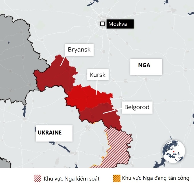 Ba vùng giáp biên giới Ukraine đang được Nga triển khai chiến dịch chống khủng bố. Đồ họa: Sky News