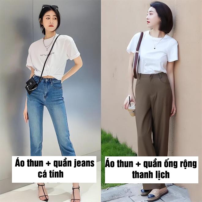 Áo thun trắng phối với quần jeans hay quần ống rộng sẽ mang đến vẻ ngoài khác nhau.