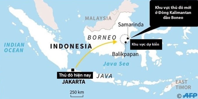 Vị trí thủ đô mới của Indonesia. Đồ họa: AFP