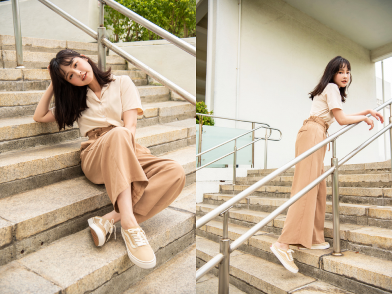 Set đồ phối giữa áo sơ mi be và quần ống rộng màu camel thể hiện rõ tinh thần “tone-sur-tone” theo bảng màu đất. Đây là kiểu phối hợp đặc trưng của những cô nàng theo đuổi phong cách thanh lịch, tối giản nhưng vẫn thời thượng.