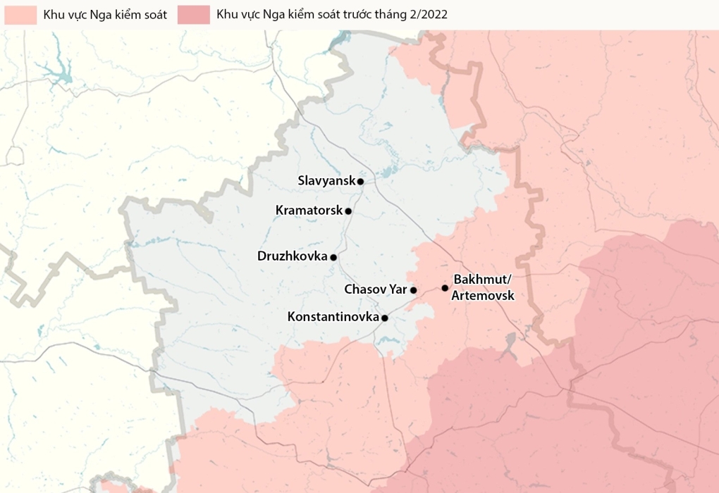 Vị trí Chasov Yar và một số đô thị ở tỉnh Donetsk. Đồ họa: RYV