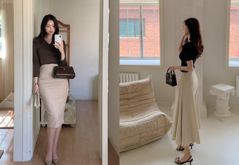 Những đôi giày đơn giản như sandal hay cao gót mũi nhọn phối cùng váy dài hoặc váy ôm giúp tôn dáng hiệu quả.