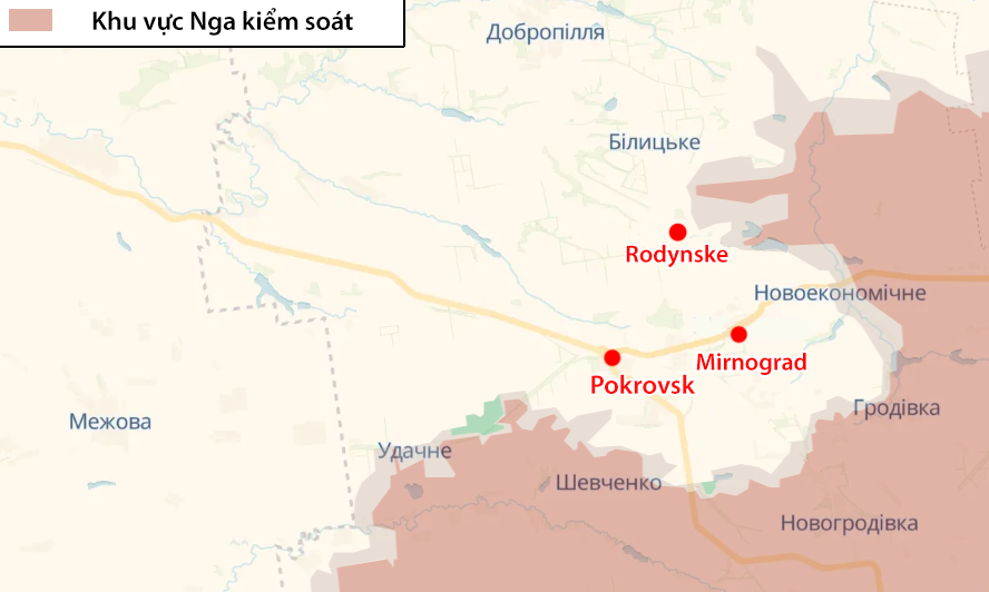 Vị trí Pokrovsk và một số khu dân cư lân cận. Đồ họa: DeepState
