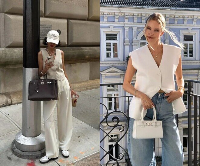 Áo gile cổ chữ V sâu – lựa chọn lý tưởng để khoe khéo xương quai xanh. Thiết kế không tay mang lại nét thanh thoát, sang trọng và đậm chất old money khi phối cùng quần ống suông hoặc denim xanh nhạt.