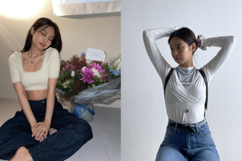 Jennie (BLACKPINK) thường xuyên kết hợp áo phông với vòng ngọc trai trong nhiều phong cách khác nhau.