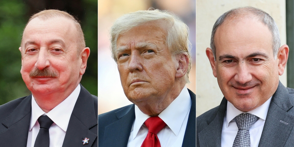 Từ trái qua phải: Tổng thống Azerbaijan Ilham Aliyev, Tổng thống Mỹ Donald Trump và Thủ tướng Armenia Nikol Pashinyan. Ảnh: AFP