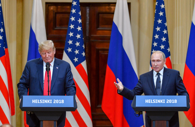 Tổng thống Mỹ Donald Trump (trái) và người đồng cấp Nga Vladimir Putin trong cuộc họp báo tại Helsinki, Phần Lan, hồi tháng 7/2018. Ảnh: AFP