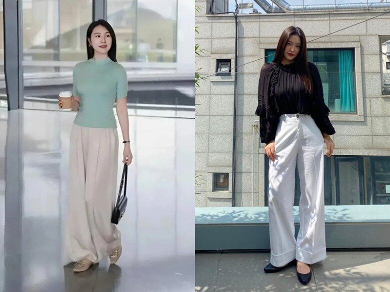 Nếu tự tin với chiều cao, hãy phối giày bệt với quần ống rộng nhẹ nhàng, thoải mái mà vẫn thanh lịch.