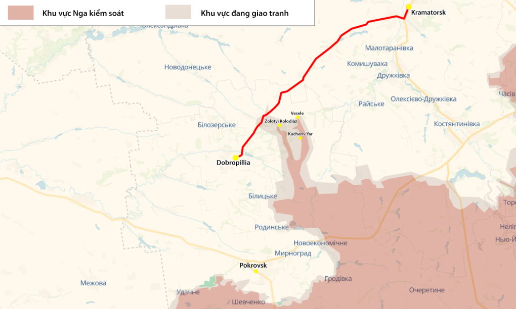 Vị trí đường cao tốc Dobropillia - Kramatorsk (màu đỏ). Đồ họa: DeepState