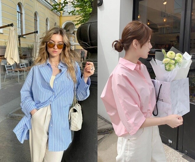 Sơ mi kẻ sọc hoặc màu pastel trẻ trung, hiện đại.