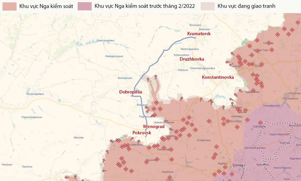Cục diện mặt trận Pokrovsk - Kramatorsk trong bản đồ công bố ngày 12/8. Đồ họa: Deep State