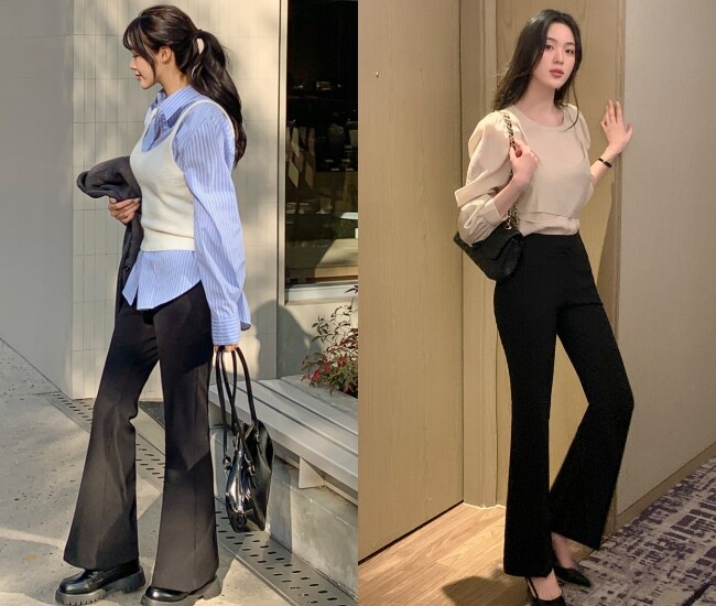 Áo công sở kết hợp quần đen ống loe là công thức “hack” dáng hoàn hảo, giúp đôi chân trông dài và thon gọn hơn. Chỉ cần thêm giày cao gót mũi nhọn, set đồ vừa thanh lịch vừa tôn dáng tuyệt đối.