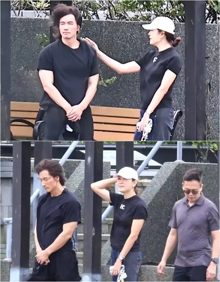 Ngôn Thừa Húc (bên trái) không kìm được nước mắt khi đứng trước bia mộ của Từ Hy Viên.