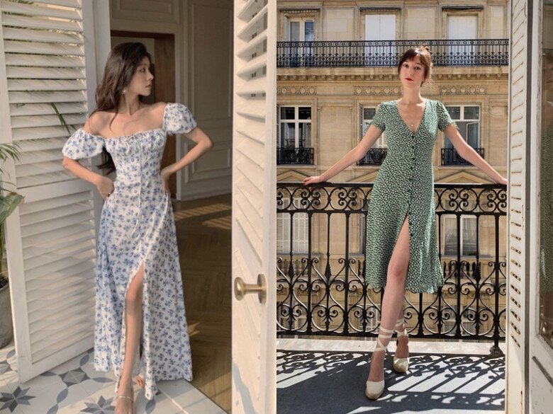 Váy họa tiết hoa liền thân xẻ tà dịu dàng, bay bổng, thích hợp với thời tiết hè.