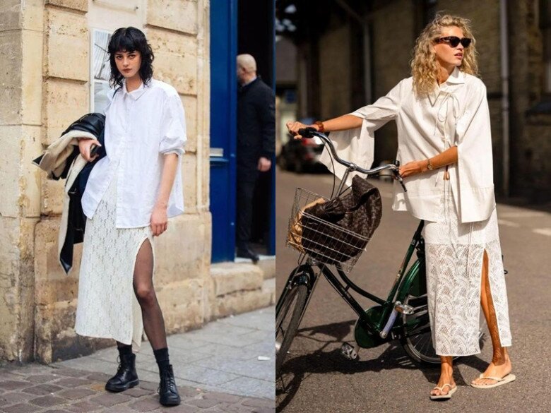 Váy ren xẻ tà cũng dễ dàng phối hợp với các item cơ bản như áo sơ mi, mang lại vẻ ngoài hài hòa, vừa nữ tính vừa hiện đại.