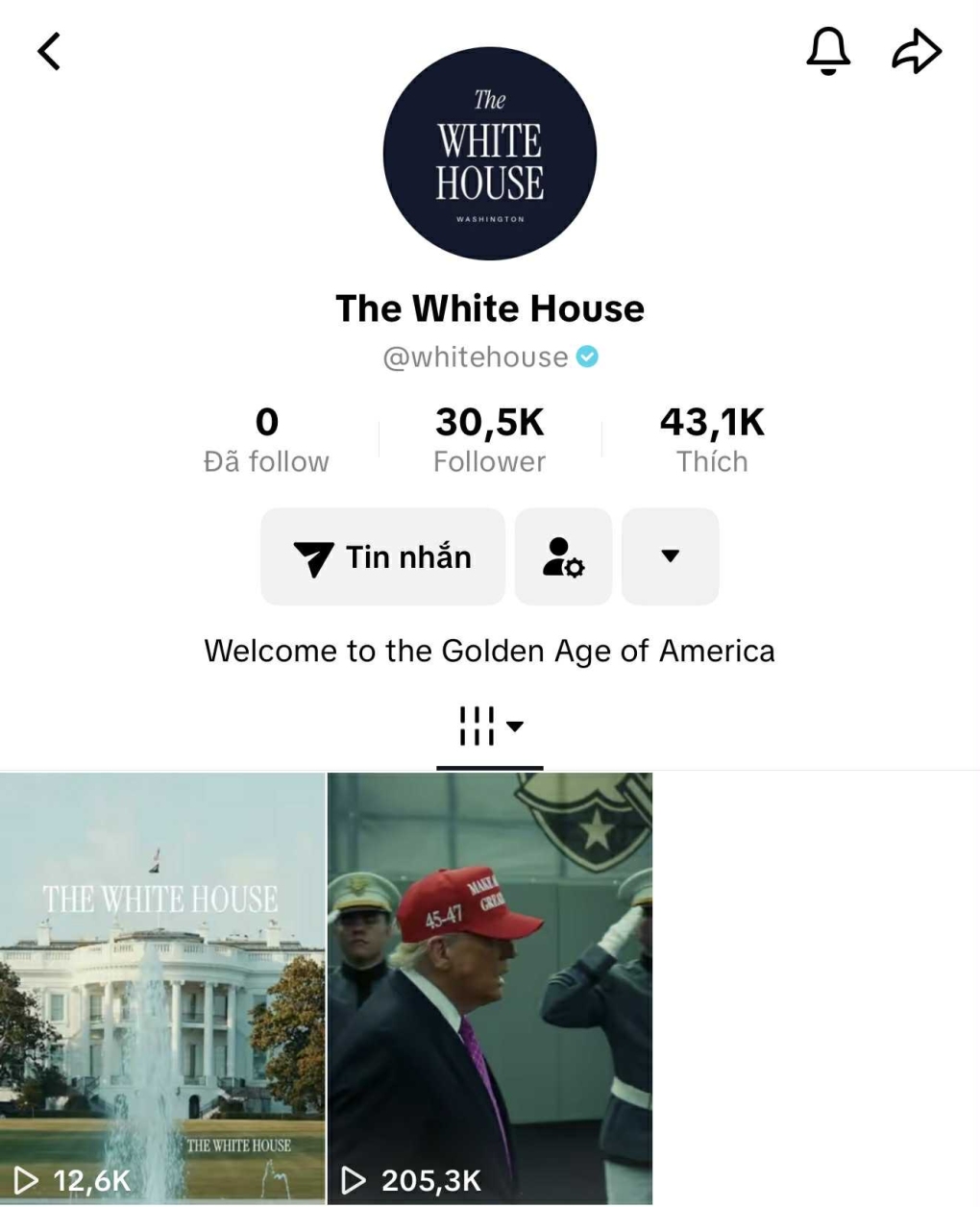 Tài khoản TikTok của Nhà Trắng. Ảnh: TikTok