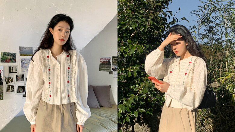 Thêm chút họa tiết vào chiếc áo nhún bèo đơn giản càng khiến chị em thêm phần trẻ trung.