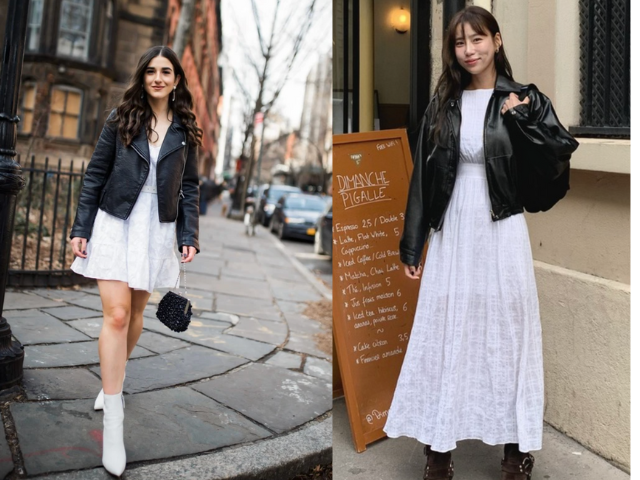 Váy trắng kết hợp áo khoác da tạo nên vẻ ngoài vừa thanh lịch, tinh khôi vừa mạnh mẽ, cá tính – công thức hoàn hảo cho những cô nàng hiện đại, sành điệu.